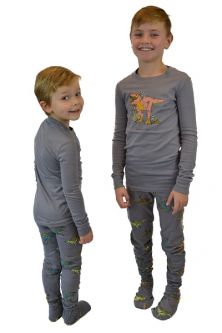 2 Piece Footed Pajamas Jurassic Dinosaurs.  Grey, Size: 9-10